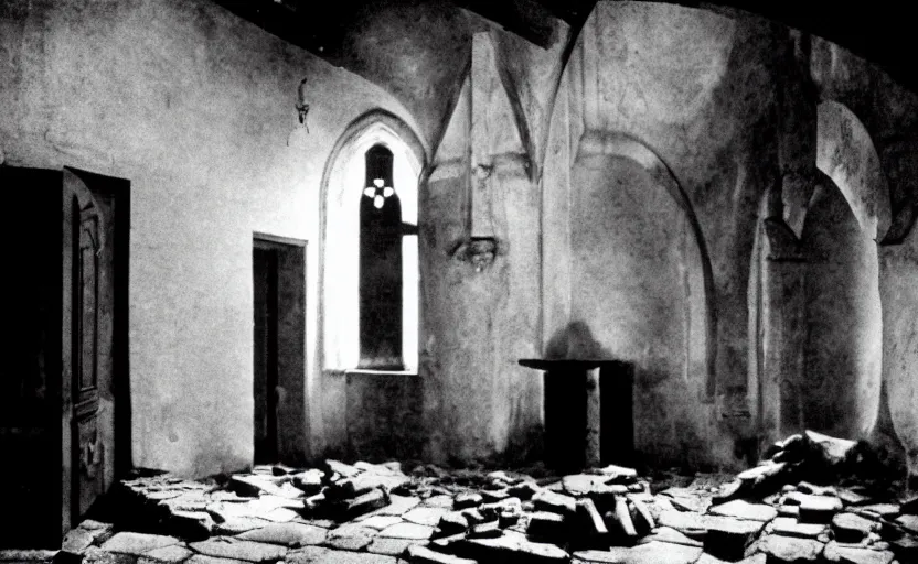 Prompt: contemplation of a crumbling chapel, still from an old surrealist black and white movie directed by Jan Svankmajer, Béla Tarr, Ingrid Bergman and Robert Wiene. Dark background, dramatic lighting, detailed, cinematic