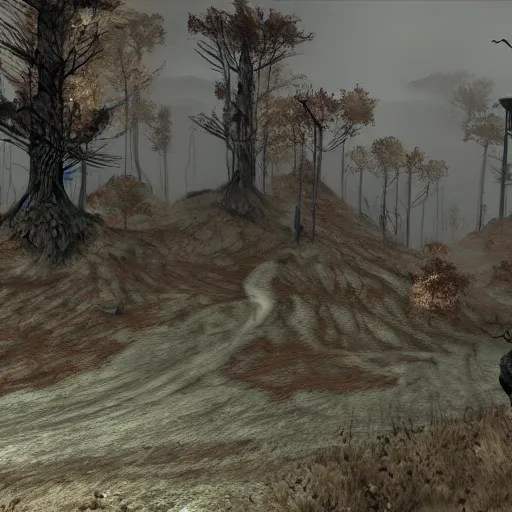 Image similar to half silent hill half morrowind, realistic, highly detailed