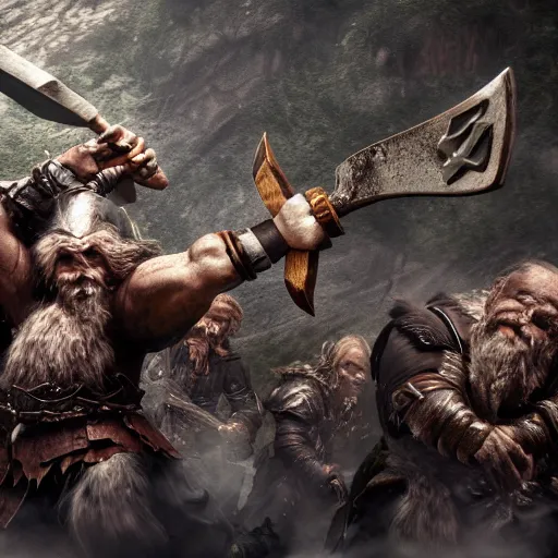 Image similar to a fantasy cinematic shot of a dwarf berserker swinging axes, fighting monsters, octane render, hyperreal, 8 k