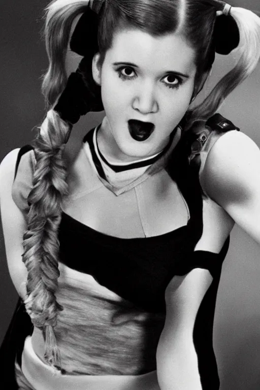 Image similar to young Carrie Fisher as Harley Quinn