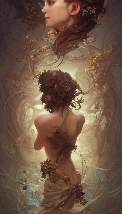 Image similar to fairytale, fibonacci, sweat drops, insane, intricate, highly detailed, digital painting, artstation, concept art, smooth, sharp focus, illustration, Unreal Engine 5, 8K, art by artgerm and greg rutkowski and alphonse mucha