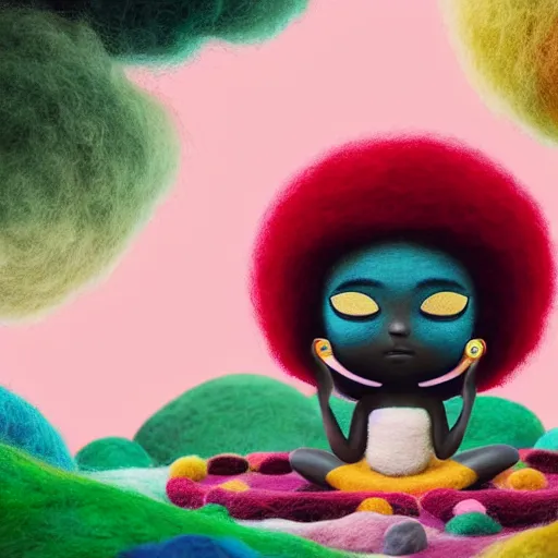 Image similar to a black girl with a colorful afro and big beautiful eyes meditating in an african zen garden with a waterfall!!, bokeh!, bright colors, synthwave, watercolor, volumetric wool felting, felt, macro photography, children illustration, by goro fujita