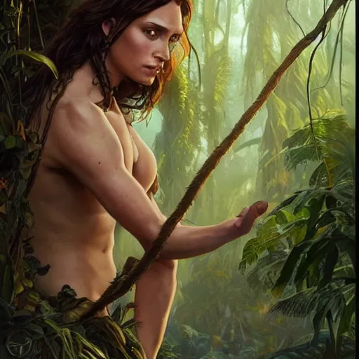 Image similar to Tarzan in the jungle, D&D, fantasy, intricate, elegant, highly detailed, digital painting, artstation, concept art, matte, sharp focus, illustration, hearthstone, art by Artgerm and Greg Rutkowski and Alphonse Mucha