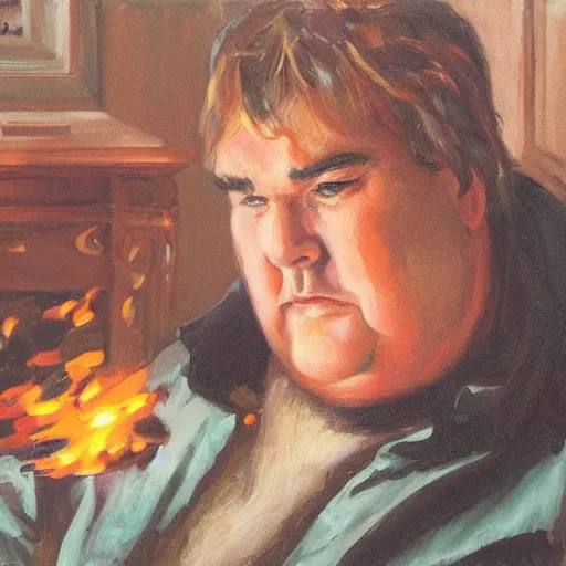 Image similar to portrait of john candy crying in the metaverse, fire and pain, oil on canvas by william sydney mount, trending on artstation