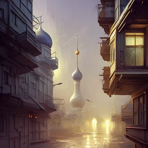 Image similar to It’s sublimely calm on the streets of Russian panel houses quarters on the Moon city, Norilsk, sci-fi, fantasy, intricate, very very beautiful, elegant, highly detailed composition, digital painting, artstation, concept art, smooth, sharp focus, illustration, art by artgerm and greg rutkowski and alphonse mucha