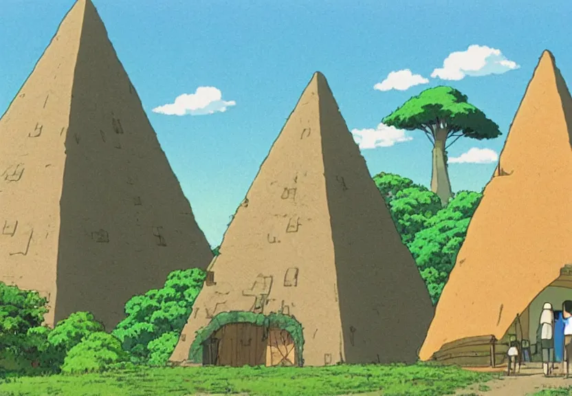 Image similar to a movie still from a studio ghibli film showing several large white pyramids and a golden ufo in the amazon jungle. by studio ghibli