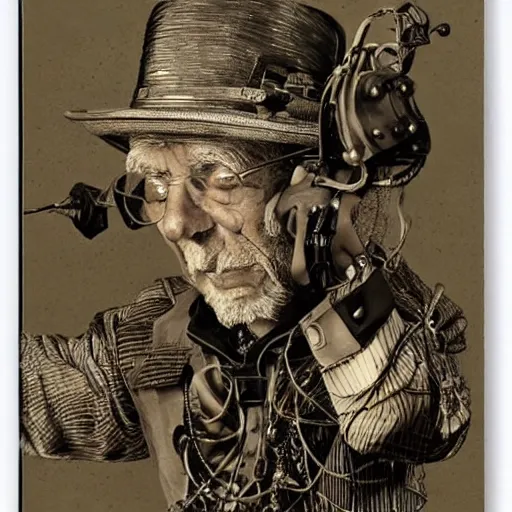 Prompt: Old wrinkled man talking out loud in steampunk outfit, attached to wires. Dark, intricate, highly detailed, smooth, in style of Stanislav Vovchuk