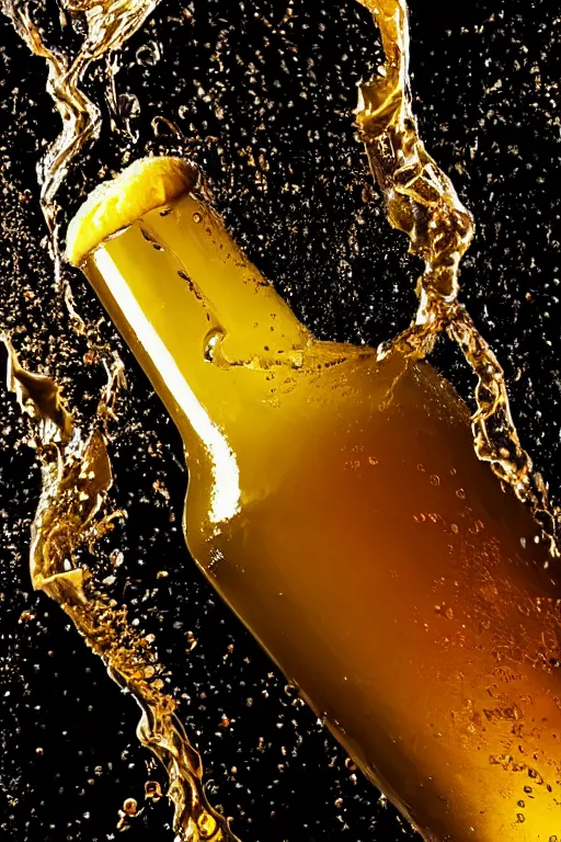 Image similar to a high detail photo of a full size bottle of beer, splashes of liquid, energetic, delicate by marcel christ