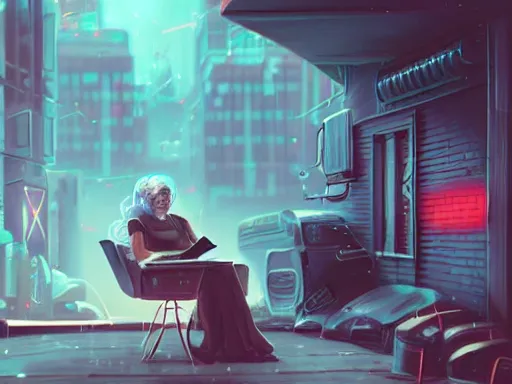 Image similar to a techno wizard grandma sitting in a cyberpunk alley with a laptop in the style of Greg Rutowski , artstation, detailed, cinematic