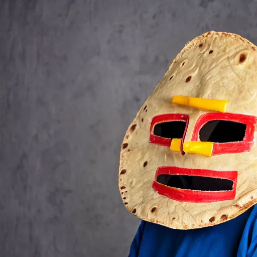 Image similar to an elderly man wearing a mask made from a tortilla, holding a sword made from elote, bold natural colors, national geographic photography, masterpiece, 8 k, raw, unedited, symmetrical balance