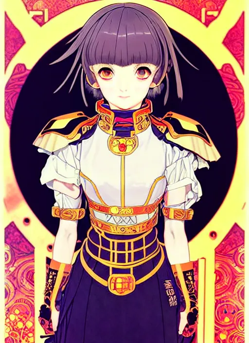 Image similar to ilya kuvshinov anime knight girl in ornate armor, last exile, murata range, fine detail, perfect anime face, dramatic lighting, dynamic composition, gustav klimt, art deco, cel shading, vivid, rich texture, ( ( ( yoshinari yoh ) ) ), alphonse mucha, ( ( ( colorful ) ) ),