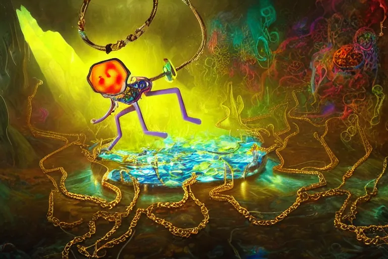 Image similar to psychedelic spongebob with trinket necklace, epic angle and pose, reflective pool, symmetrical artwork, ayahuasca, translucent, fungus, energy flows of water and fire, highly detailed, epic cinematic concept art, excellent composition, dystopian brutalist atmosphere, dynamic dramatic lighting, aesthetic, very inspirational, arthouse, Greg Rutkowski, Artgerm