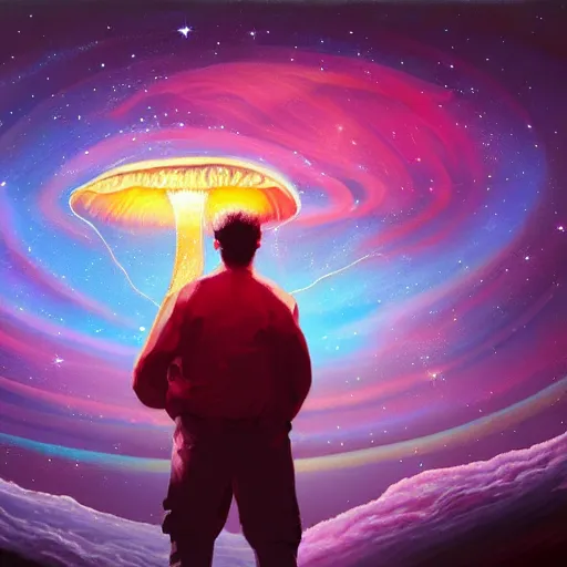 Prompt: over the shoulder painting of a man watching many magic glowing jellyfish in glowing cosmic stardust, colorful stars, galaxies, space, award winning photo, intricate, high detail, atmospheric, desolate, artstation