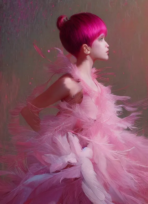 Image similar to beautiful little girl with an pink eccentric haircut wearing an dress made of feathers dancing on stage, artwork made by ilya kuvshinov, inspired in donato giancola, hd, ultra realistic, reflection, flowers, light