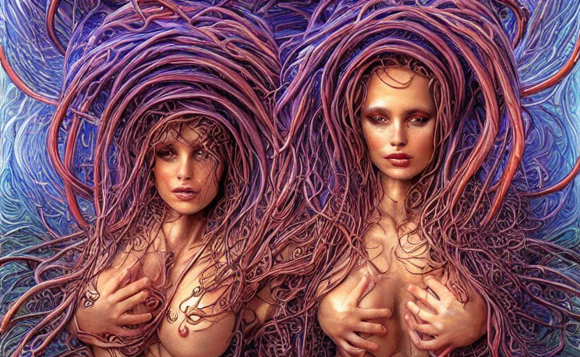 Image similar to beautiful psychedelic goddess enrobed in tentacles in the style of peter gric