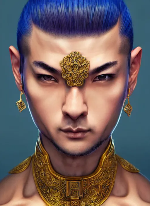 Image similar to male martial artist with a mostly shaved head and a high ponytail!!! asian facial features and blue eyes!! intricate ornate blue robes!! character concept art, sharp focus, octane render! unreal engine 5! highly rendered!! trending on artstation!! detailed linework!! illustration by artgerm, wlop, and chie yoshii