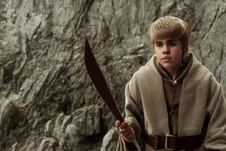 Image similar to justin bieber plays an elf in the lord of the rings return of the king, highly detailed, cinematic lighting, 4 k, arricam studio 3 5 mm film camera, kodak 5 2 7 9 ( tungsten - balanced ) film stock