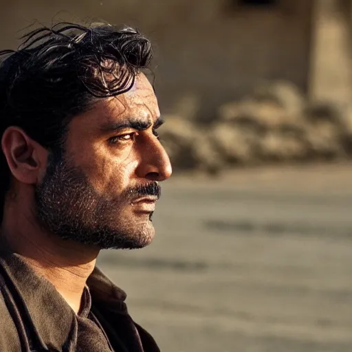 Prompt: close-up of a Kurdish detective in a movie directed by Christopher Nolan, movie still frame, promotional image, imax 70 mm footage