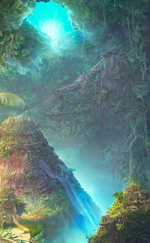 Image similar to microscopic tardigrade, microbiology, magical forest, ruins, civilization, vegetation, mayan temple, futuristic, sharp focus, electric swirls, backlight, furry, soft, concept art, intricate details, disney pixar, james gilleard, moebius, print, iridescent, global illumination, anime, game art