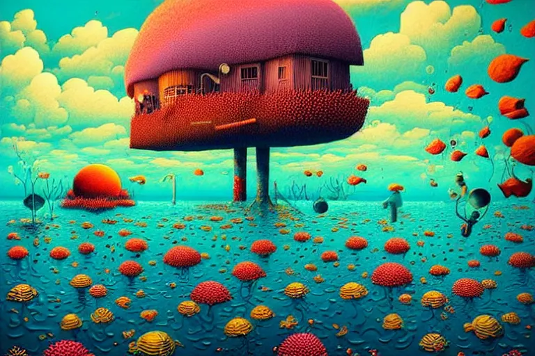 Image similar to surreal glimpse into other universe, new york under the sea, summer morning, very coherent and colorful high contrast, art by!!!! gediminas pranckevicius!!!!, geof darrow, floralpunk screen printing woodblock, dark shadows, hard lighting, stipple brush technique,