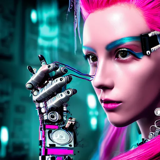 Prompt: portrait of a beautiful mexican woman with pink hair as a cyberpunk cyborg half robot, revealing wires and electronics, circuit boards, wire management, sci - fi, missing panels, intricate abstract upper body intricate artwork, concept art, octane render, deviantart, cinematic, key art, hyperrealism, iridescent accents, portrait photograph, nikon 3 5 mm, photograph by greg rutkowski