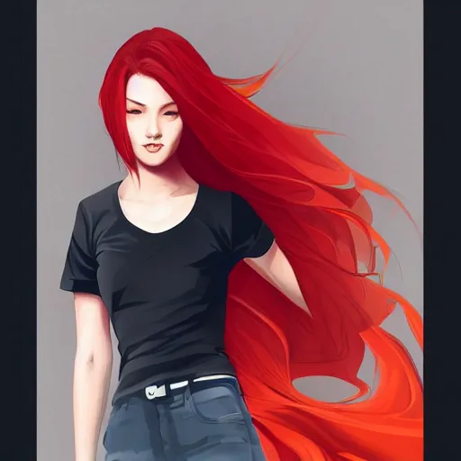 Prompt: girl with red hair. black shirt. back to us. centered median photoshop filter cutout vector behance hd artgerm jesper ejsing!