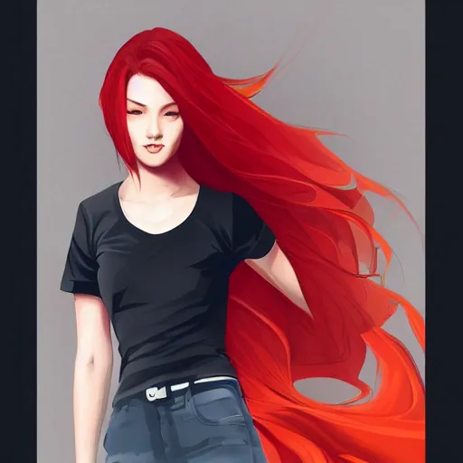 Image similar to girl with red hair. black shirt. back to us. centered median photoshop filter cutout vector behance hd artgerm jesper ejsing!