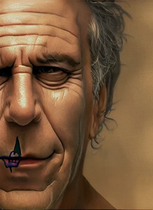Prompt: a still of Jeffrey Epstein as the Joker, realistic, private island, sigma male, accurately portrayed, portrait art by alphonse mucha and greg rutkowski, highly detailed, digital painting, concept art, illustration, dim lighting with twilight rays of sunlight, trending on artstation, very detailed, smooth, sharp focus, octane render, close up