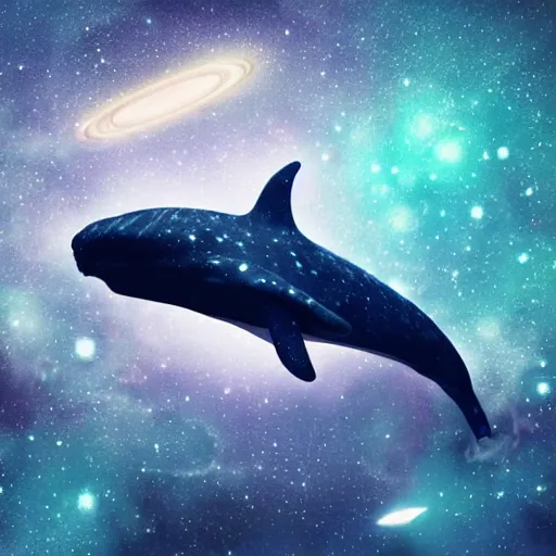 Prompt: portrait of space whale on a dark night sky in space, flying across the universe, oniric, dreamy, beautiful, highly detailed, realistic, cinematic, dynamic composition