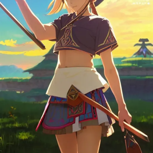 Prompt: a beautiful! boyish! natalie portman as zelda from botw, alluring gravure! model, wearing japanese school girl outfit with mayan pattern and native style, aztec street fashion, gapmoe yandere grimdark, trending on pixiv fanbox, painted by greg rutkowski makoto shinkai takashi takeuchi studio ghibli, akihiko yoshida