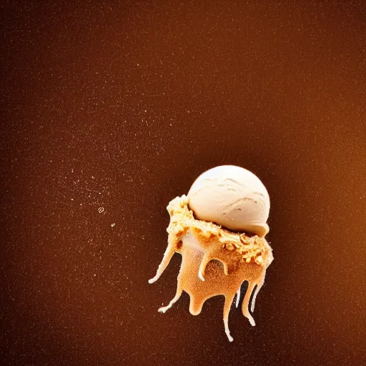 Image similar to detailed photograph of a levitating chocolate ice cream cone becoming a hairy spider body at the bottom. dramatic, golden light. realistic photograph.