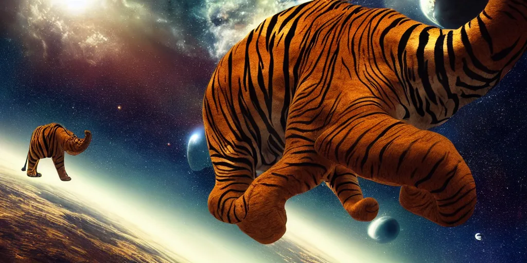 Image similar to planet - sized tiger elephant in space, next to the sun and stars, cosmic, very wide shot, epic composition, hyper detailed, digital art, trending in artstation, cinematic lighting, studio quality, unreal engine 5 rendered, art style by klimt and nixeu and ian sprigger and wlop and krenz cushart