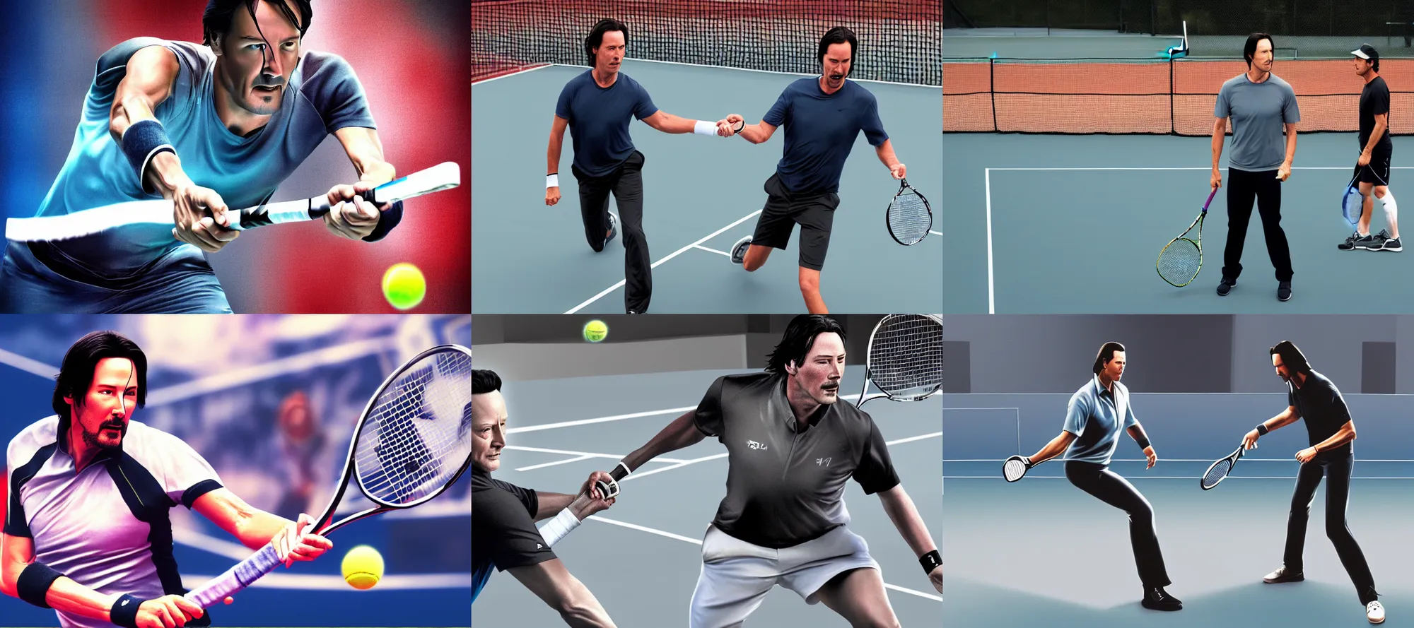 Prompt: high resolution of robert patrick t1000 playing tennis with keanu reeves digital art