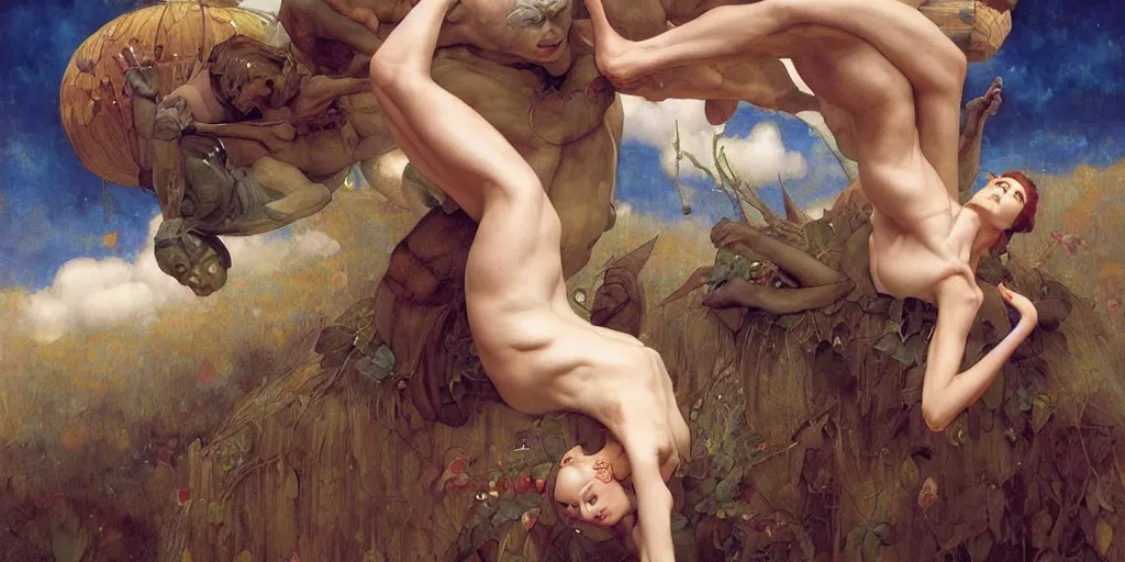 Image similar to epic masterpiece finding home, souls in acrobatic pose, beautiful faces and flawless skin, by Edgar Maxence and Ross Tran and Michael Whelan, boris vallejo