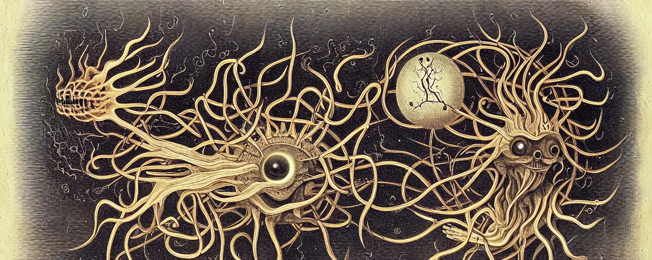 Image similar to a strange fire creature with endearing eyes radiates a unique canto'as above so below'while being ignited by the spirit of haeckel and robert fludd, breakthrough is iminent, glory be to the magic within, in honor of saturn, painted by ronny khalil