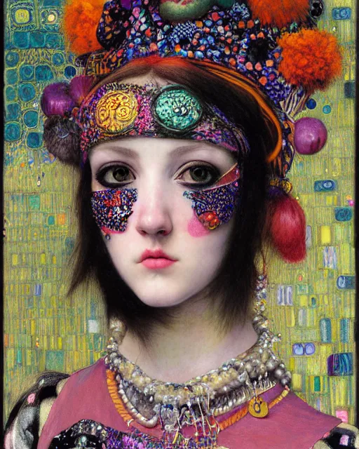 Image similar to a close up of beautiful decora cybergoth emo girl wearing a balaclava surrounded by colourful intricate patterns, by gustave klimt edgar maxence and caravaggio and michael whelan, intricate painting, hyper realistic, extremely detailed and beautiful aesthetic face, inside maximalist baroque vaporwave royalty frames