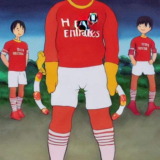 Image similar to a painting portrait of humanoid hot dogs in arsenal jersey, studio ghibli,