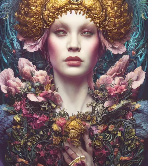 Prompt: portrait of the supreme queen of the blood cult, surrounded by skulls and overgrowth and dark flowers by karol bak, James Jean, tom bagshaw, rococo, trending on artstation, fantasy magic, fashion girl cinematic lighting, hyper realism, octane render, 8k, hyper detailed.