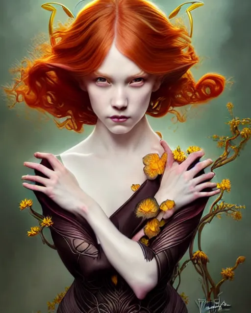 Prompt: Beautiful, evil and playful ethereal ginger portrait, art nouveau, fantasy, intricate flower designs, elegant, highly detailed, sharp focus, art by Artgerm and Alex Ross and WLOP