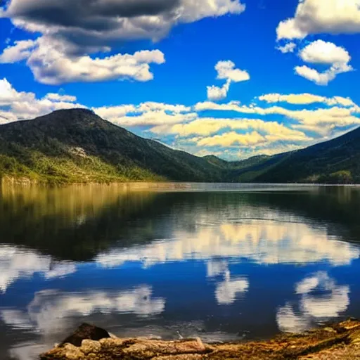 Prompt: beautiful still lake with reflective water, low mountains and beautiful far clouds