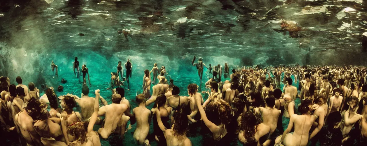 Image similar to an ultra wide in colour 3 5 mm film photo of gathering of half alien half human half mermaid hybrids, hunting underwater in a public swimming pool, liminal spaces, ritual occult gathering, film grain