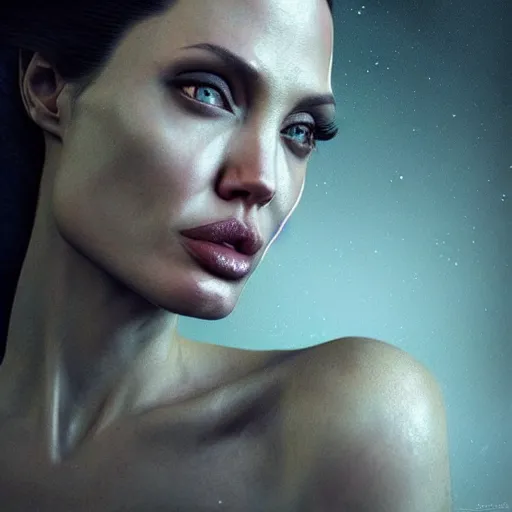 Image similar to Very very very very highly detailed epic central composition photo of Angelina Jolie face, intricate, dystopian, sci-fi, extremely detailed, digital painting, smooth, sharp focus, illustration, intimidating lighting, incredible art by Brooke Shaden, artstation, concept art, Octane render in Maya and Houdini
