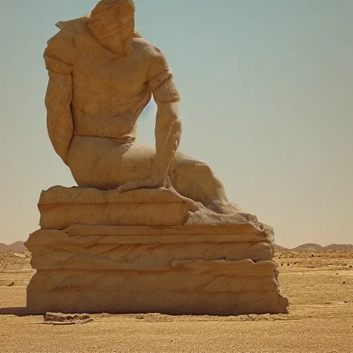 Prompt: giant marble statue hard sunk in the desert, digital art,