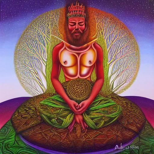 Prompt: painting of a king meditating under a tree by Alex Grey, acrylic art, ethereal, soothing, somber, elegant, warm light, cozy, glows,