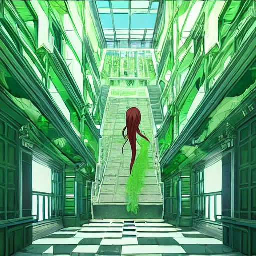 Prompt: a green slimegirl in a bright white hallway with many doors and many stairs, Mc Escher architecture, epic composition, by Makoto Shinkai