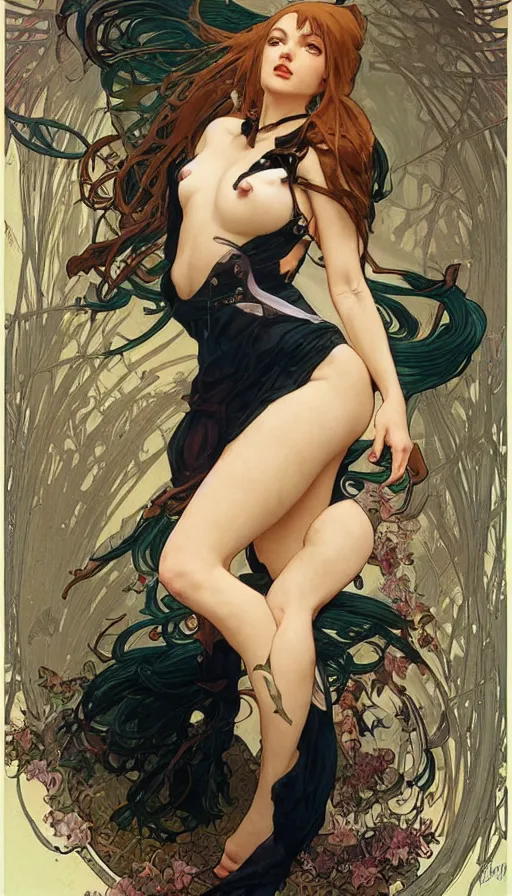 Image similar to seraphine in a cute pinup pose by artgerm, greg rutkowski and alphonse mucha, concept art, matte, intricate, full body, epic composition