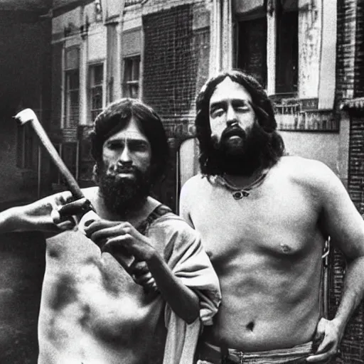 Prompt: photo of jesus and moses smoking weed in the bronx circa 1 9 7 8