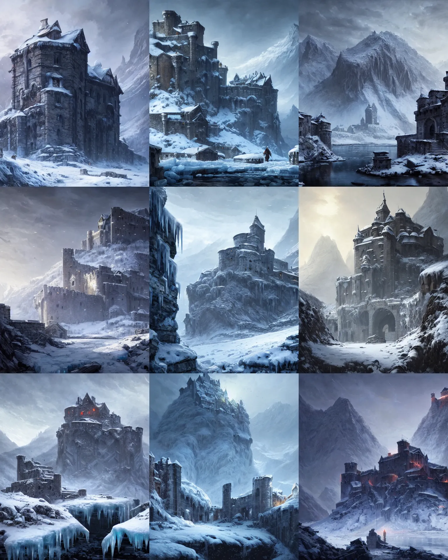 Prompt: abandoned stone fortress nestled in ice and snowy peaked mountains, foreboding, fantasy, large environment, detailed render in 4 7 s by greg rutkowski