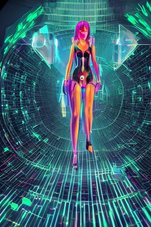 Prompt: A feminine cyberpunk alien mecha standing in front of the time-space vortex made of reflective glass, caustics, depth of field, hyperrealism, in neon on a black color scheme with fluorescent oil, 4K