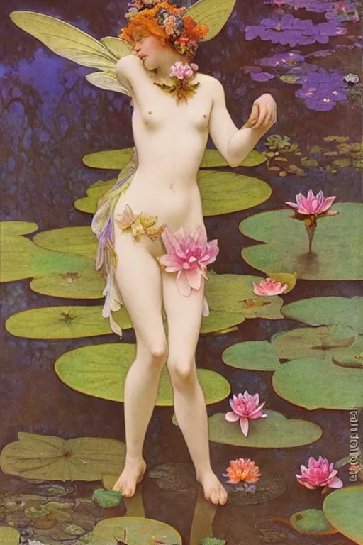 Image similar to a beautiful dressed faerie in a waterlily pond, detailed, rainbowshift, by maxfield parrish, alphonse mucha, brian froud